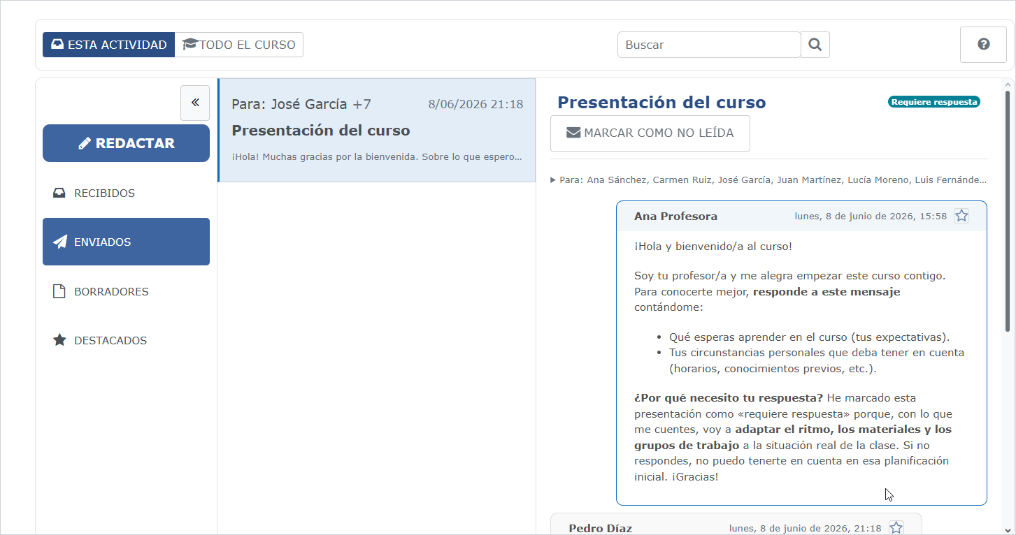 Vista de Course Mailbox con conversación del curso y marca de respuesta requerida