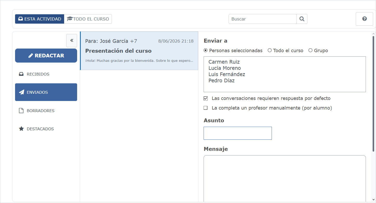 Pantalla de redacción de Course Mailbox con selección de destinatarios y respuesta requerida