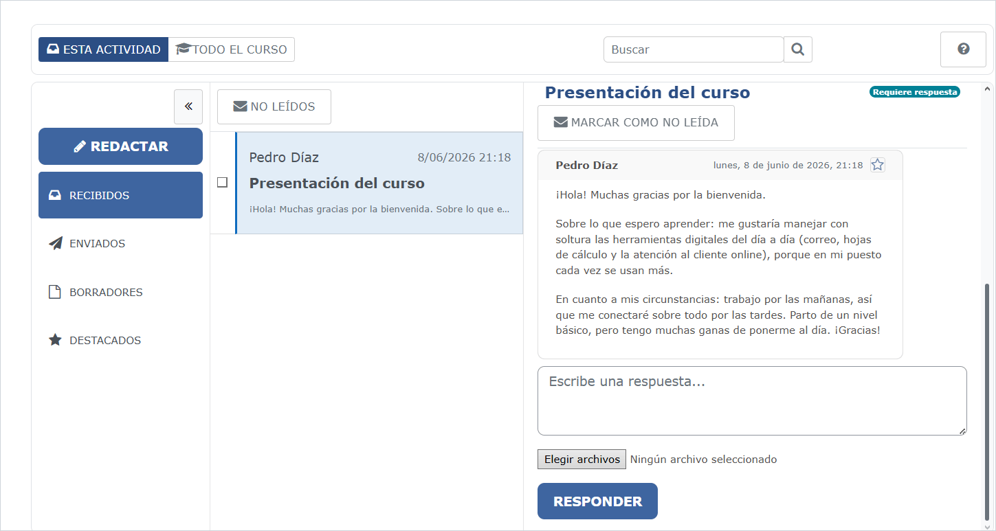 Respuesta de alumno en Course Mailbox con cuadro de texto y selector de archivos adjuntos