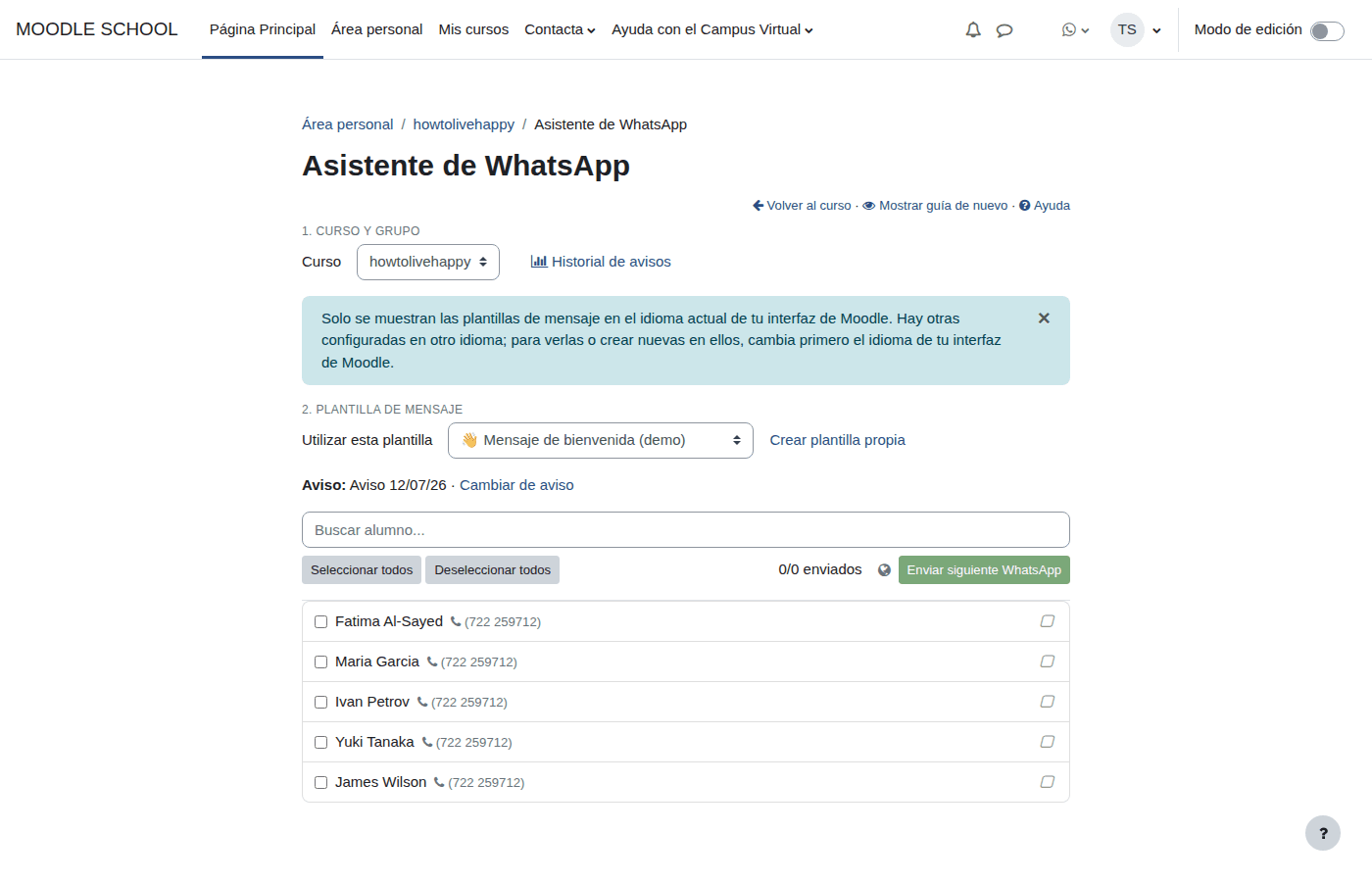 Cola de envío de WhatsApp Helper con la lista de alumnos, teléfonos y estado de entrega