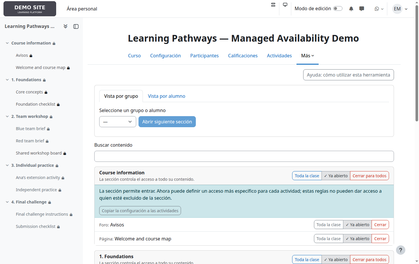 Vista general del panel de Disponibilidad gestionada en Moodle