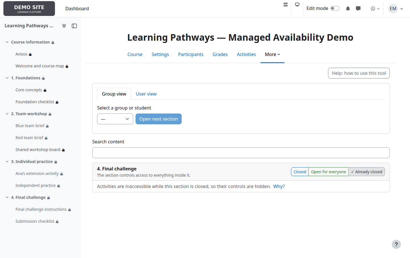 Closed section in the Managed Availability dashboard