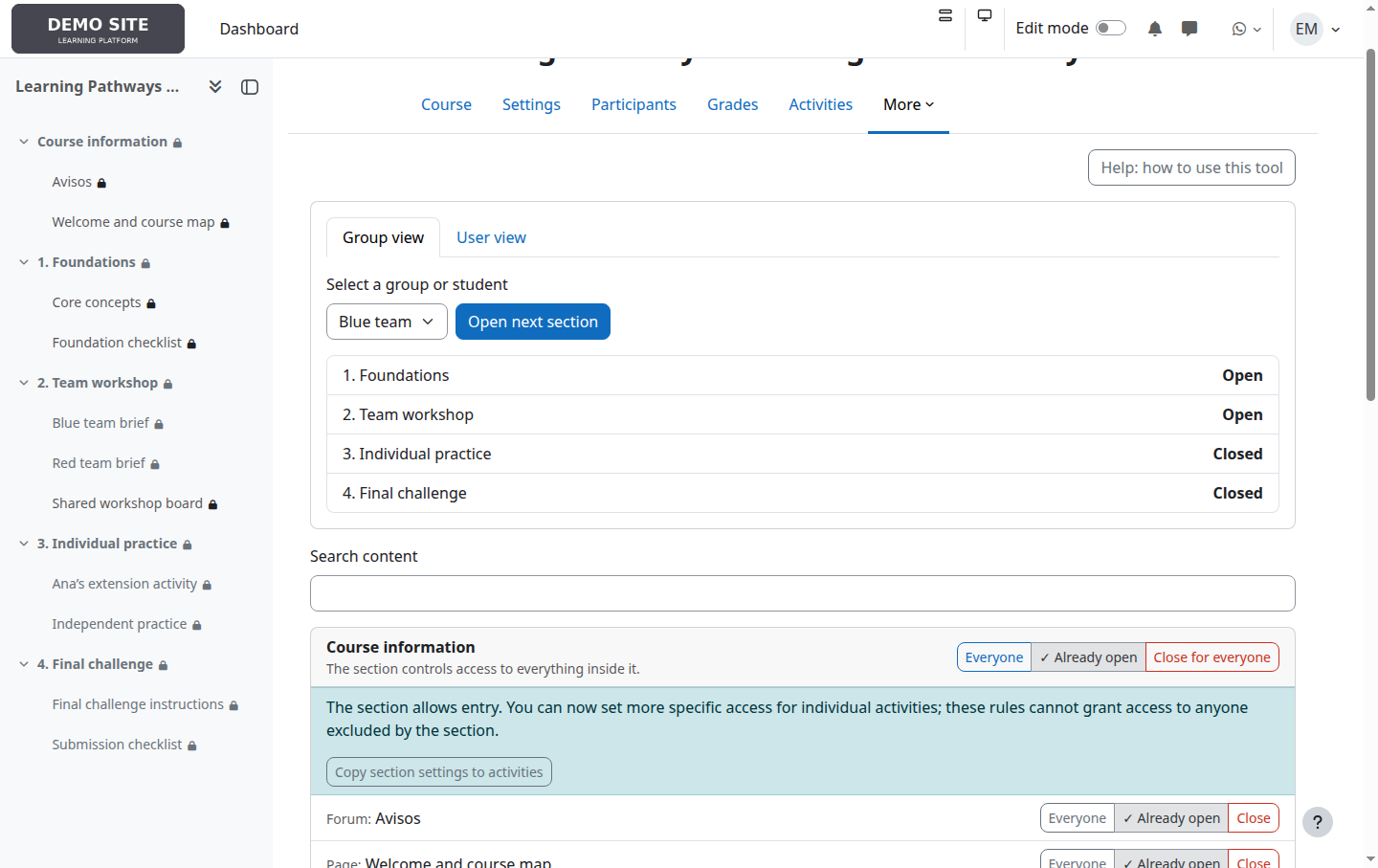 A group access pathway in Moodle