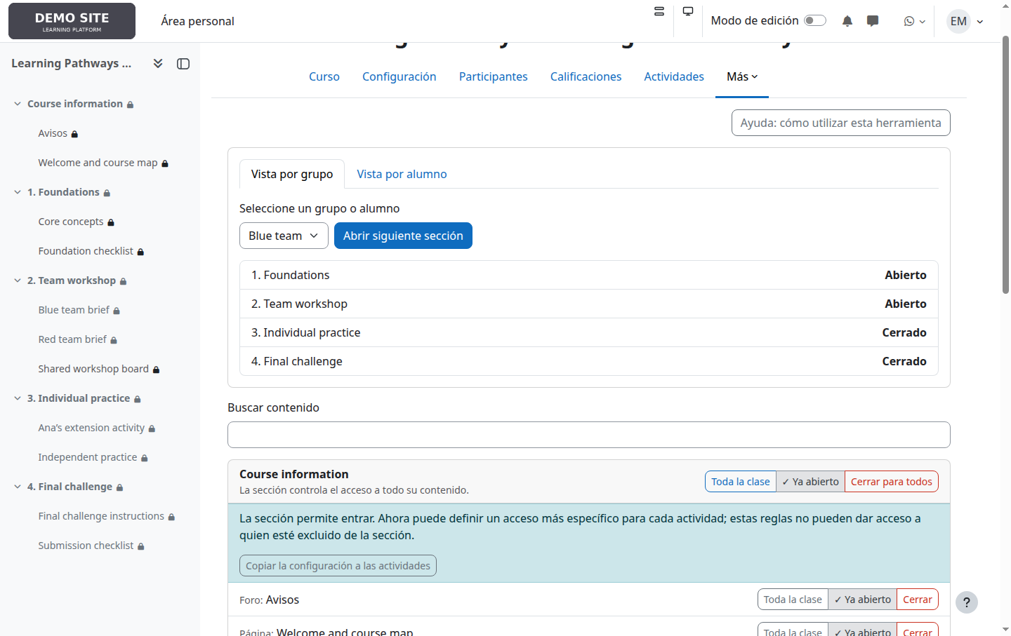 Recorrido de acceso de un grupo en Moodle