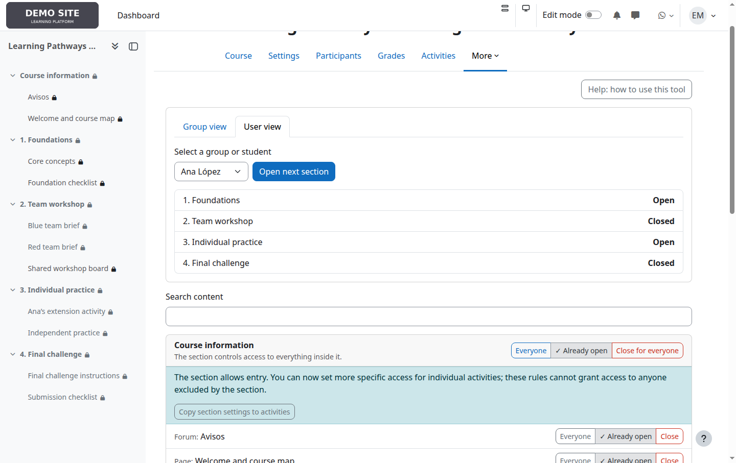 A student access pathway in Moodle