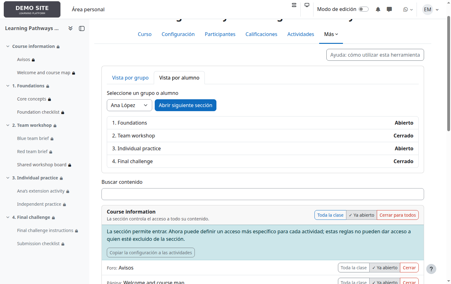 Recorrido de acceso de un alumno en Moodle