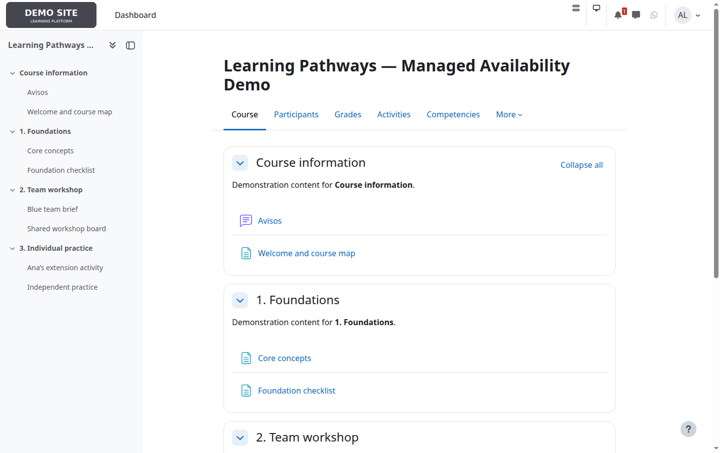 Moodle course view for student Ana