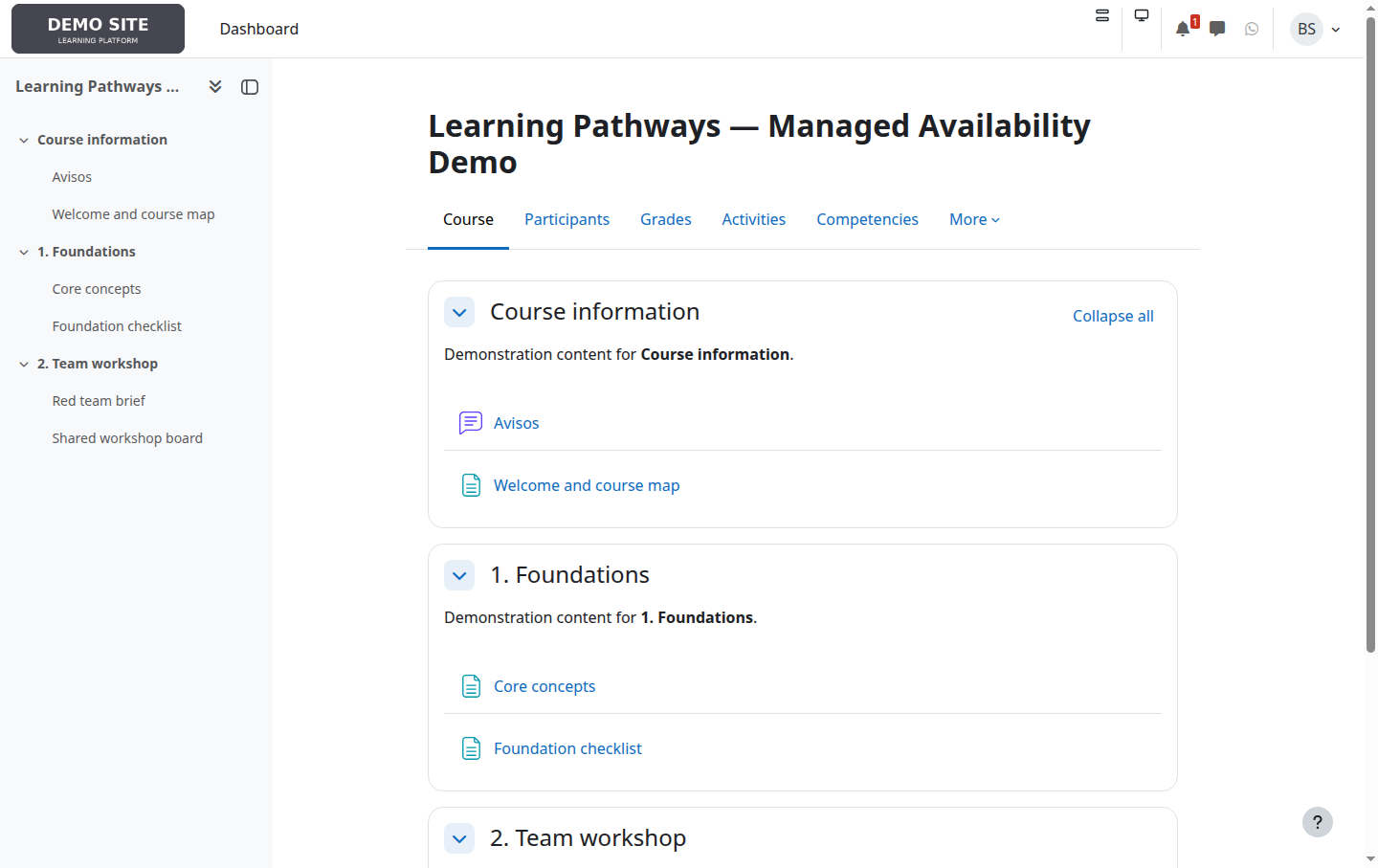 Moodle course view for student Bruno