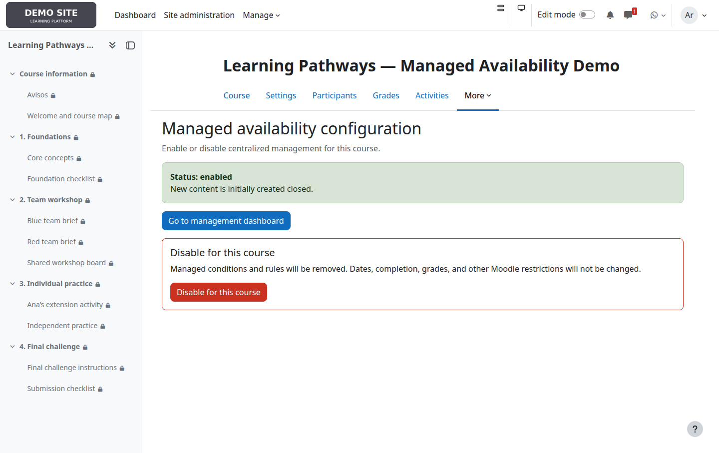 Managed Availability course configuration