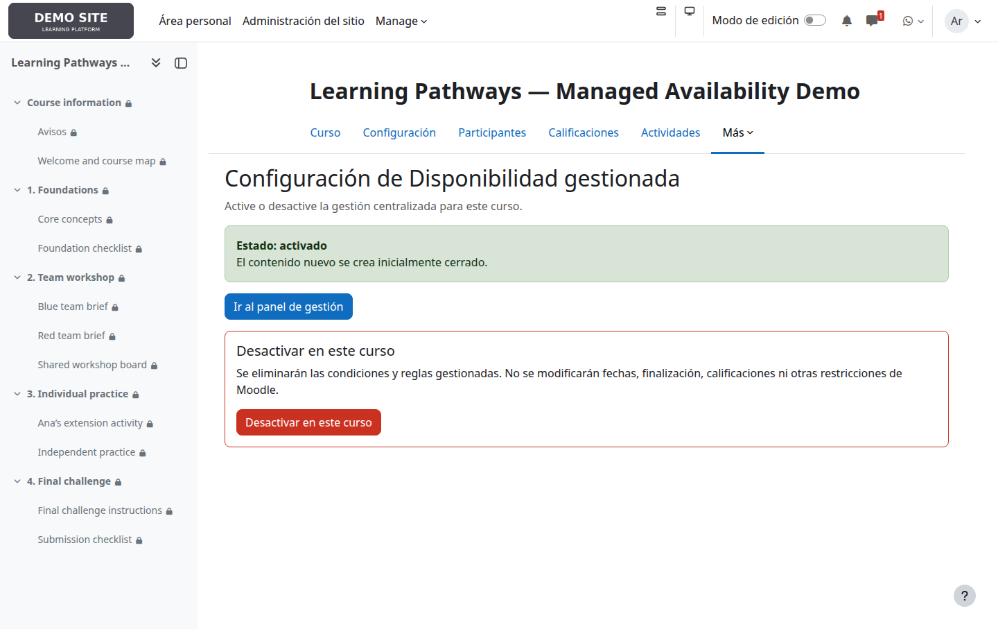 Configuración de Disponibilidad gestionada en un curso