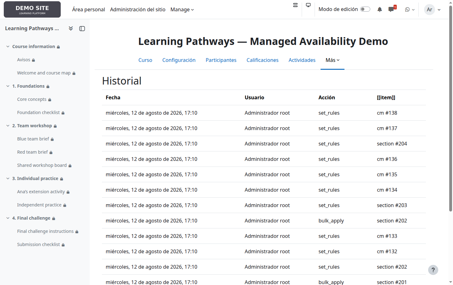 Historial de cambios de disponibilidad del curso