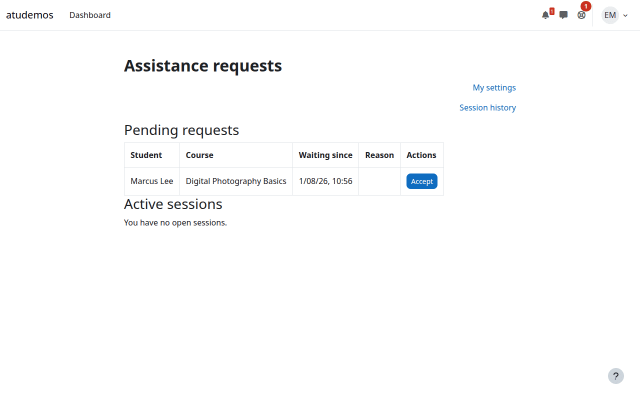Pending request on the teacher dashboard