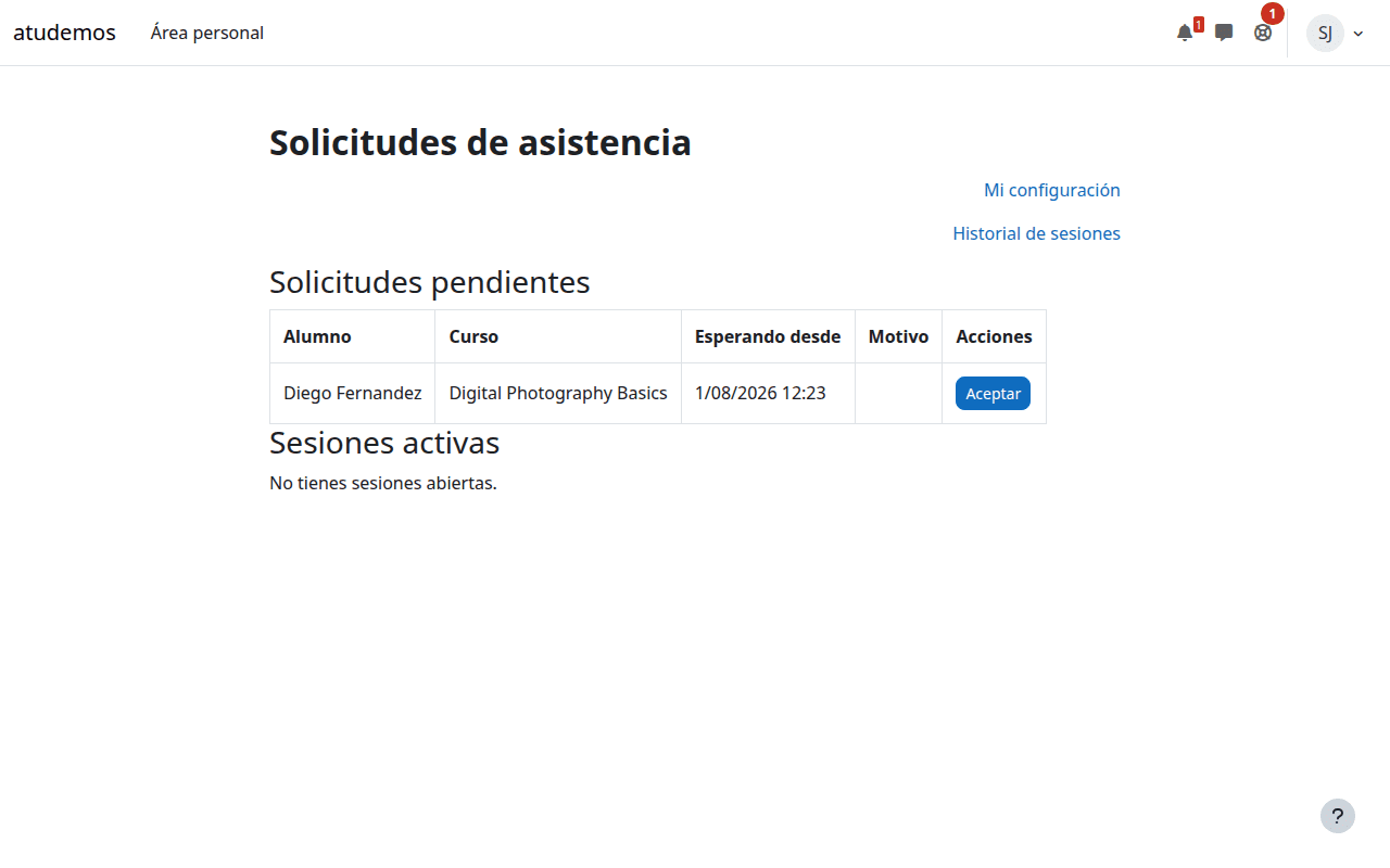 Solicitud pendiente en el panel del profesor