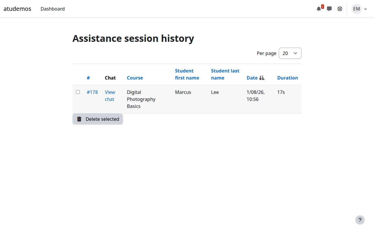 Teacher assistance session history