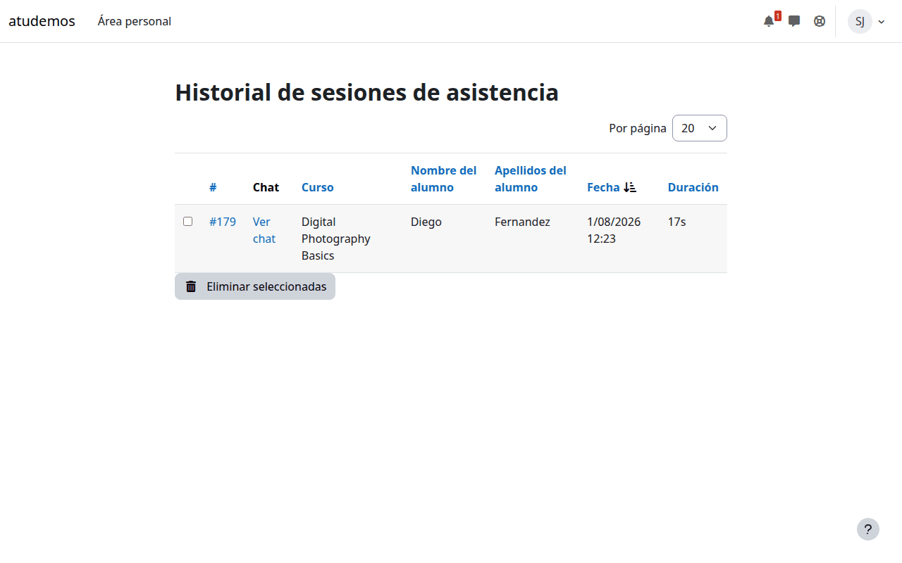 Historial de sesiones de asistencia del profesor