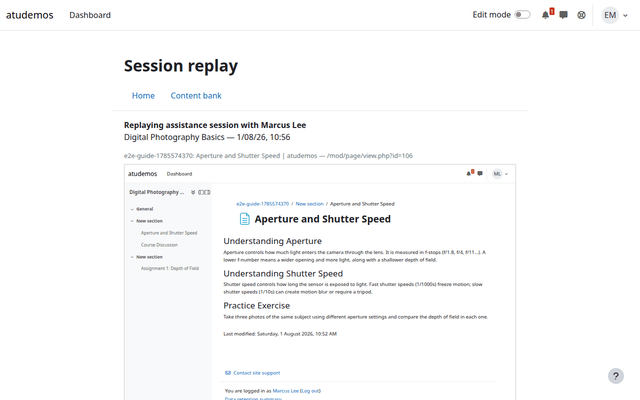 Replay of a previous assistance session