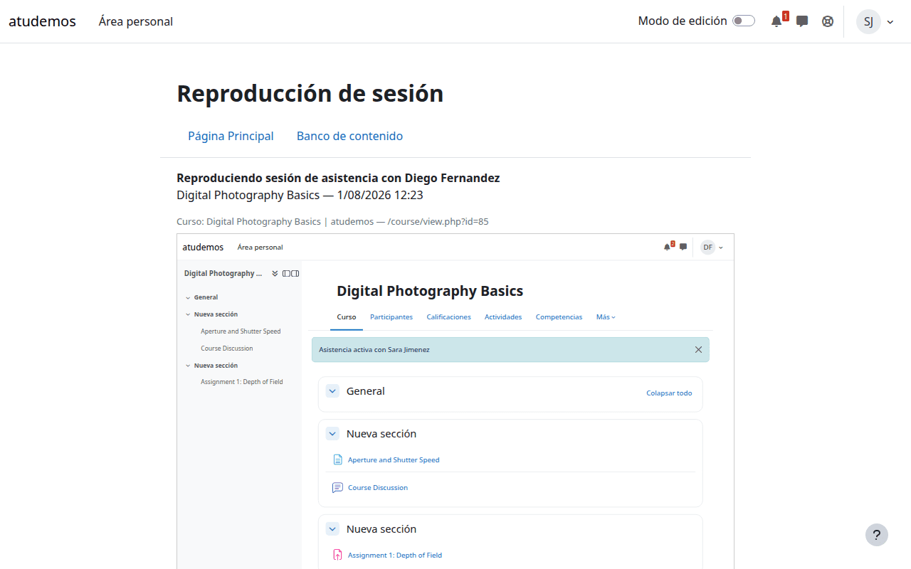Reproducción de una sesión de asistencia anterior