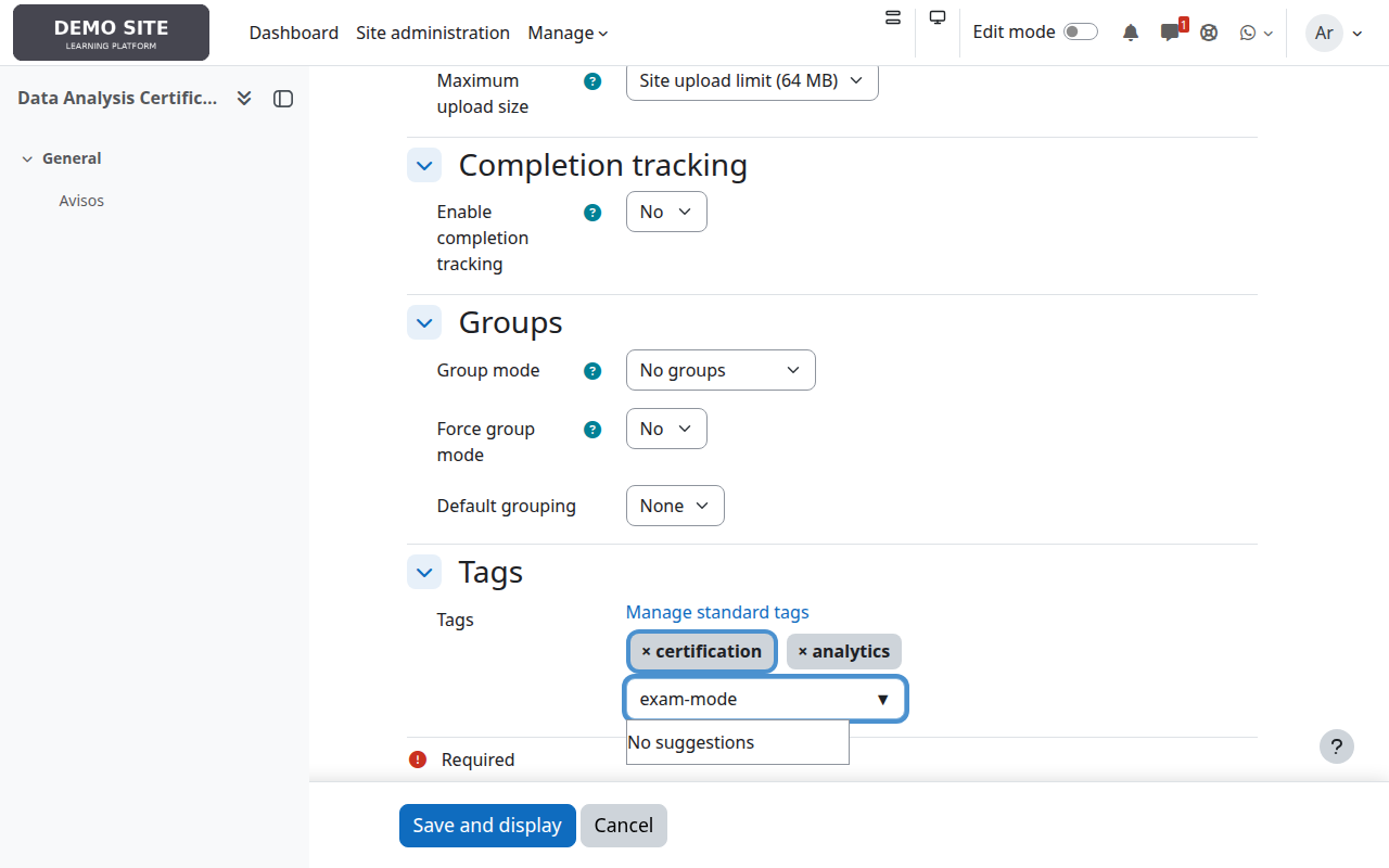 Adding the exam-mode tag to a course