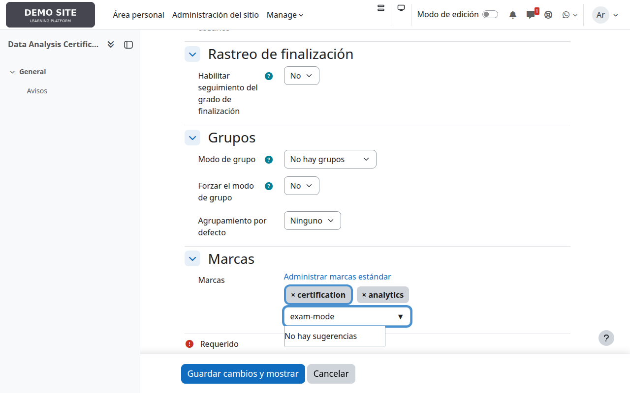 Añadir etiqueta exam-mode al curso