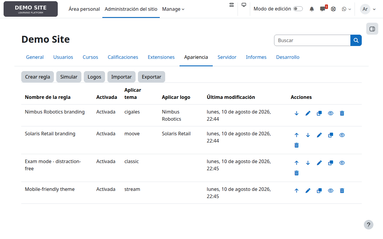 Lista de reglas de Theme Rules en Moodle