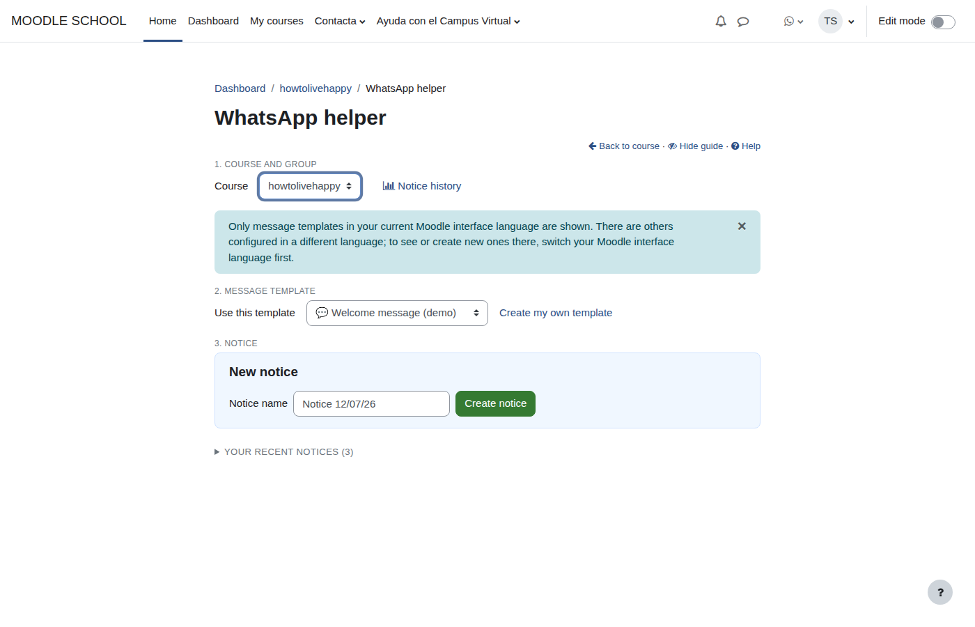 Complete WhatsApp Helper workflow inside Moodle