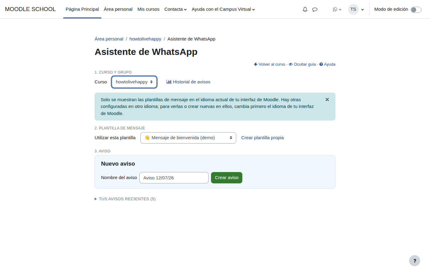 Flujo completo de WhatsApp Helper dentro de Moodle
