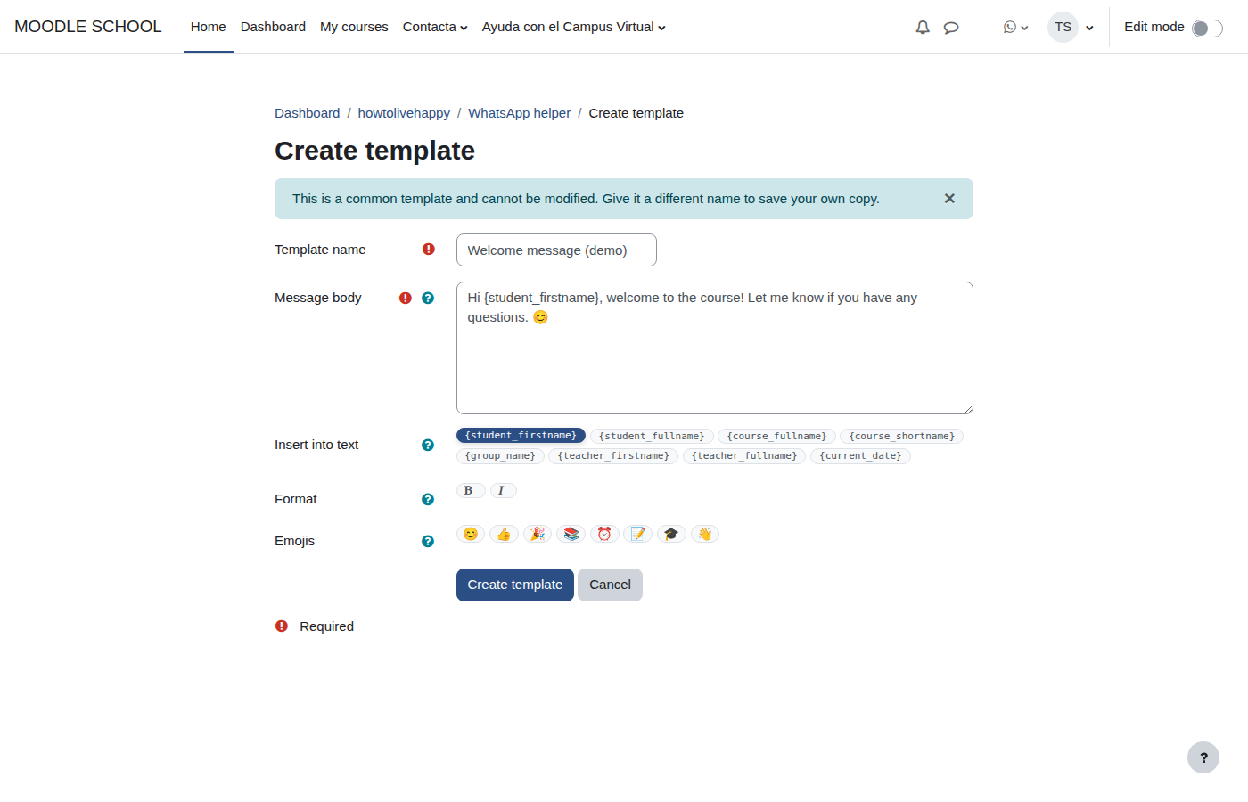 Personal template editor with placeholders
