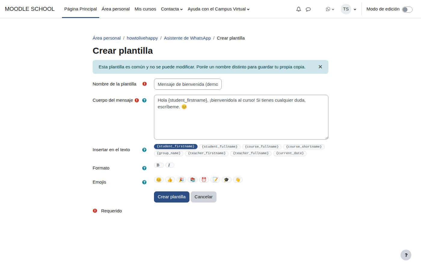 Editor de plantilla personal con marcadores