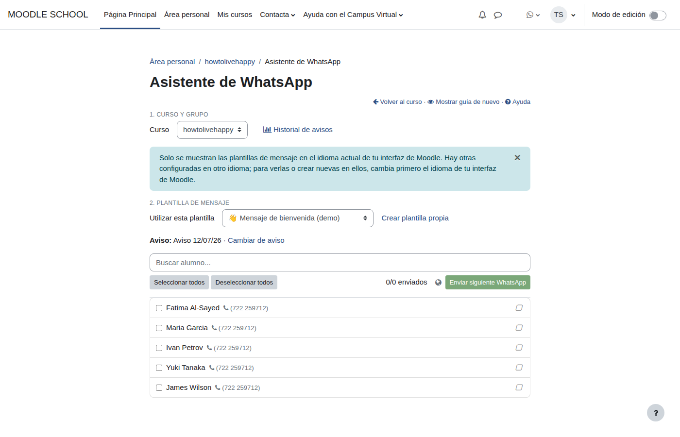 Cola de alumnos para mensajes de WhatsApp
