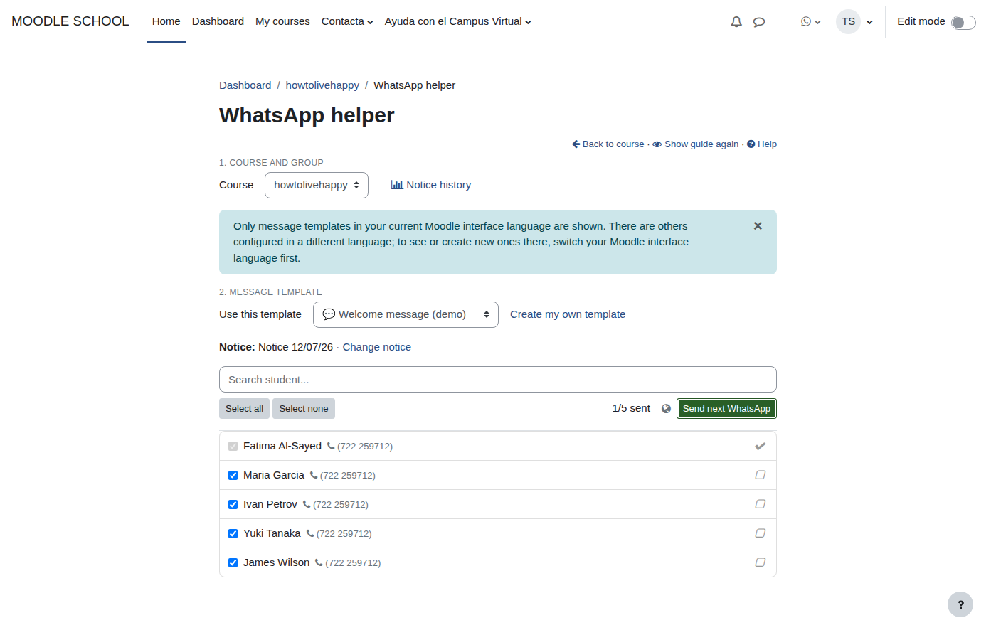 Progress of messages sent by student