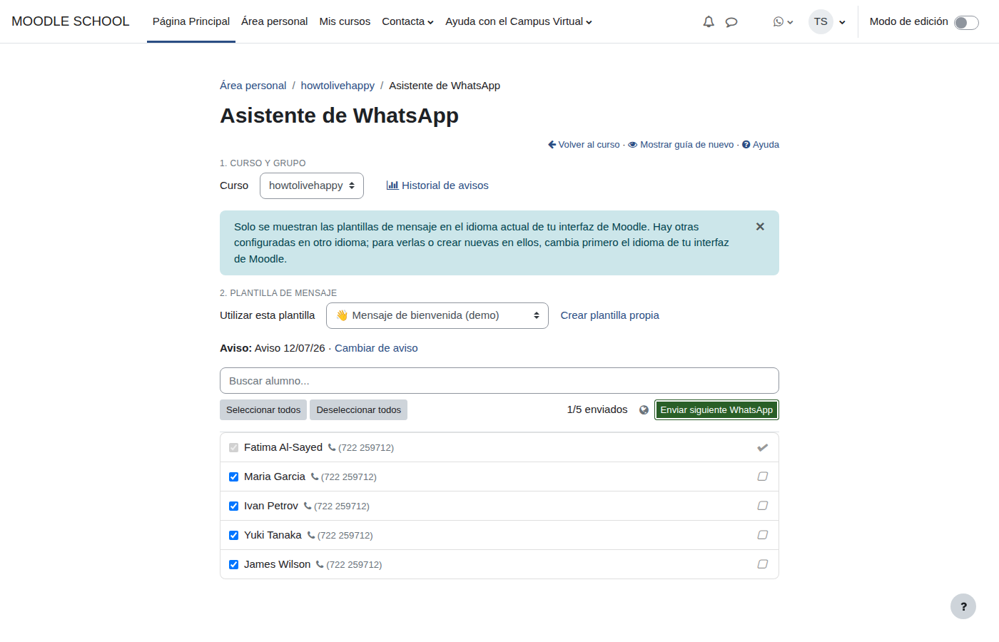 Progreso de mensajes enviados por alumno